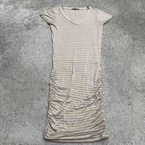 Prana Ruched Bodycon Midi Dress Womens Medium Beige Stripe V-Neck Stretch Casual